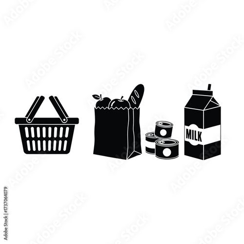 A black and white illustration of grocery items including a basket, paper bag with produce, cans, and a milk carton.