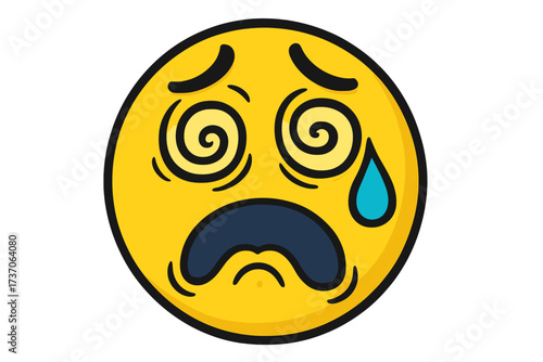 Dizzy sick emoticon. Sad confused face with spiral eyes. Concept of stress, burnout, anxiety, depression, vertigo, headache. Unwell cartoon vector smiley illustration.