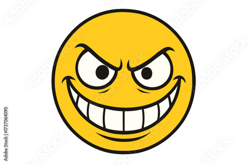 Crazy emoticon vector illustration. Big naughty and evil smile emoji icon. Insane, mad face expression. Maniacal and sinister grin. Mischievous character for design.
