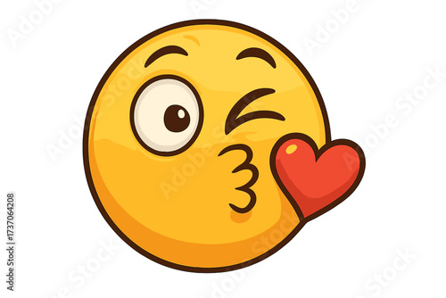 Winking face emoji blowing a kiss. Cute cartoon emoticon sending a red heart. Vector character concept for love, romance, flirting, and affection. Funny crazy smiley expression.