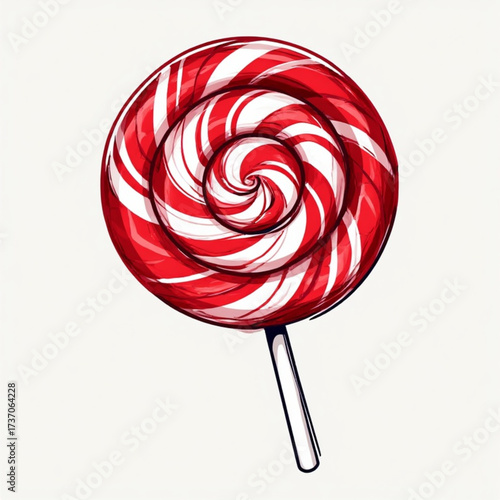 A vibrant, detailed illustration of a red and white swirled lollipop on a stick.