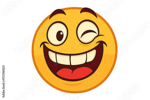 Winking face emoticon with a big toothy smile. Crazy happy emoji character. Yellow cartoon smiley icon for chat or web. Cheerful and joyful expression vector illustration.