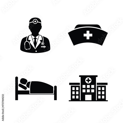 A collection of four black and white medical icons representing a doctor, a nurse's cap, a patient in bed, and a hospital building.