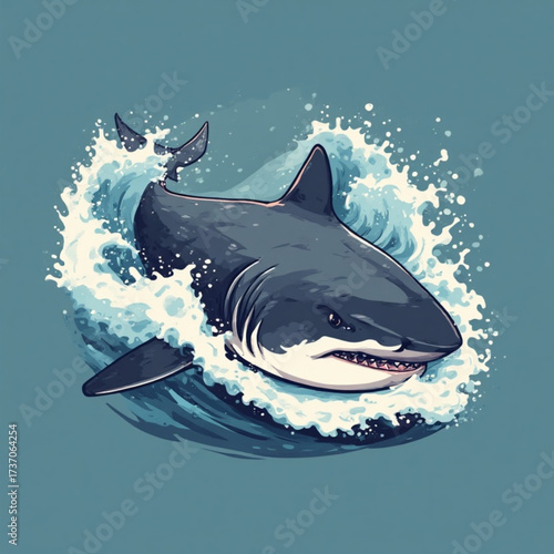 A stylized illustration of a great white shark breaching the ocean surface, surrounded by splashing waves.