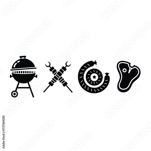 Black and white illustration of barbecue grill, skewers, sausage, and steak, perfect for grilling.