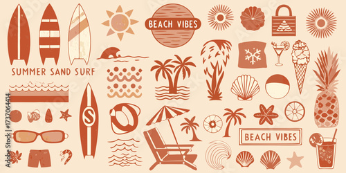 Collection of summer beach vibes icons and illustrations for vacation and travel