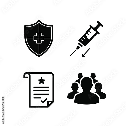 A set of four black icons representing public health vaccination, including a shield for protection, a syringe for injection, a certificate for proof, and a group of people.