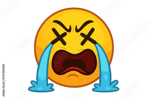 Vector emoji crying rivers of tears. Sad, overwhelmed, and desperate emoticon with X eyes. Cartoon face expressing extreme sadness, grief, pain, loss, or feeling knocked out.