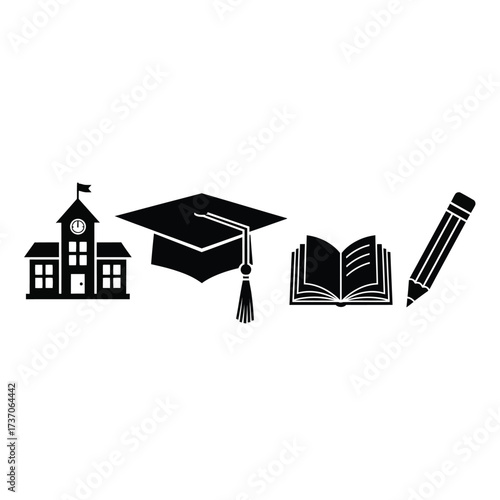 A collection of educational icons including a school building, graduation cap, open book, and pencil.