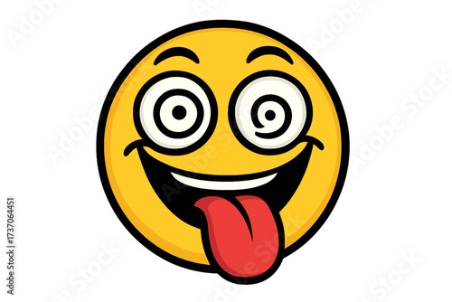 Crazy smiley sticking out tongue. Silly vector emoticon with dizzy hypnotic eyes. Funny, goofy, zany cartoon face. Mad, insane character expression. Humorous emoji icon.