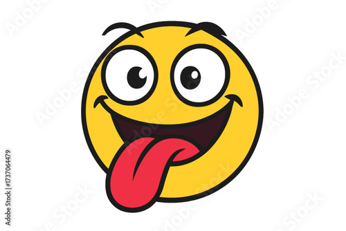 Crazy smiley sticking out his tongue. Vector emoticon illustration. Funny yellow cartoon face character with a silly, goofy, playful expression. Teasing emoji icon for fun.