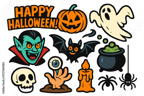 Halloween vector icon set. Spooky fun cartoon characters. Collection with dracula, pumpkin, ghost, skull, bat, cauldron, zombie hand. Retro monster sticker pack for holiday.