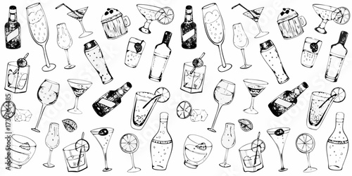 Hand drawn sketchy collection of various alcoholic and non alcoholic drinks and bottles
