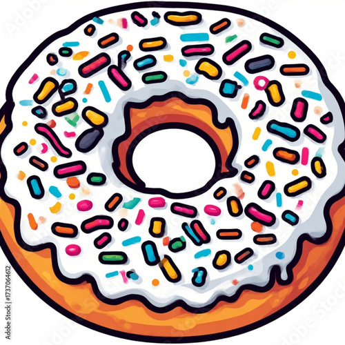 A colorful cartoon illustration of a glazed donut with sprinkles, isolated on white.
