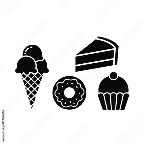 Black silhouette icons of various sweet desserts including ice cream, cake, donut, and cupcake on a white background, representing popular treats.