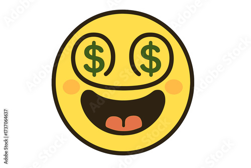 Money-eyed smiley face emoticon vector. Character with dollar sign eyes. Concept of wealth, greed, success, making money, cash. Funny cartoon illustration for finance, jackpot.