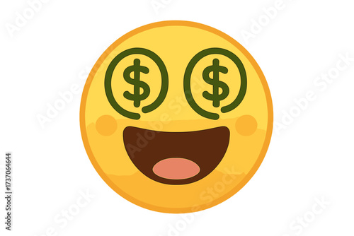 Cute emoticon hypnotized with money. Vector smiley for wealth concepts. Money-mouth face with dollar eyes. Concept of greed, success, profit, and getting rich. Finance icon.