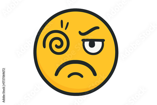 Crazy emoticon with disapproval expression. Vector emoji showing confusion, dizziness and annoyance. Unstable mental state concept. Editable smiley illustration for psychology.