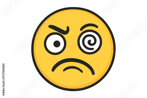Disapproval crazy emoticon. Emoji vector illustration. Editable smiley icon. Dizzy confused face. Mental health concept. Unstable, angry, and sick expression. Hypnotized.