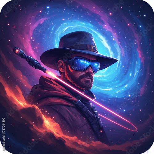 A futuristic space cowboy with glowing goggles and a laser weapon against a nebula backdrop.