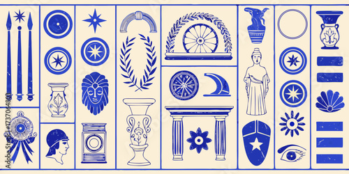 Collection of ancient greek and roman decorative motifs and symbols in blue and beige