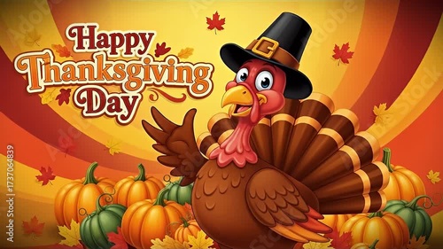 A cartoon turkey wearing a pilgrim hat waves hello amidst pumpkins and autumn leaves, celebrating Thanksgiving Day.