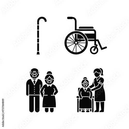 Set of black glyph icons representing elderly people, mobility aids like a cane and wheelchair, and senior care.