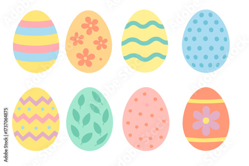 Colorful Easter eggs set vector illustration. Collection of flat design decorated egg icons for spring holiday. Graphic elements with patterns for Easter hunt celebration.
