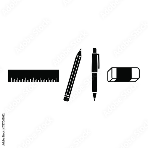 Black silhouettes of common stationery items including a ruler, pencil, pen, and eraser on a clean white background.