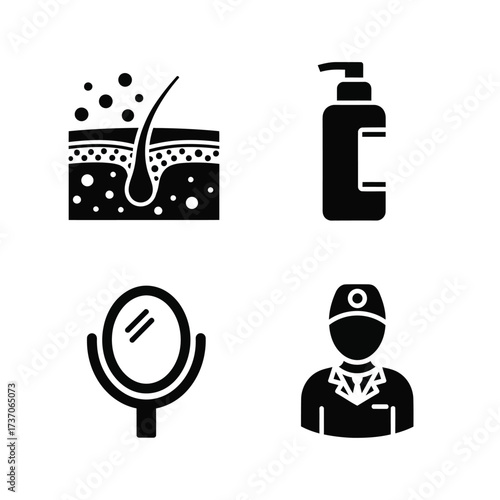 Icons depicting hair, lotion, mirror, and a medical professional.