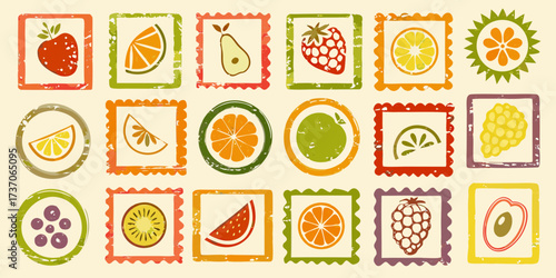 Collection of colorful fruit stamps featuring strawberries oranges pears and other healthy fruits in a retro style
