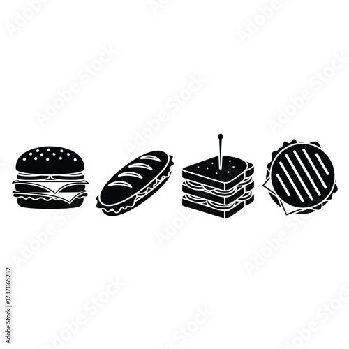 Black and white illustration of various sandwiches, including a burger, sub, and club sandwich.