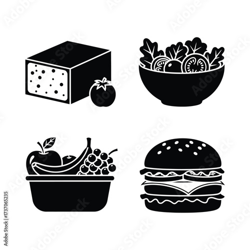 Black and white illustration of food items including cheese, salad, fruit, and a burger.