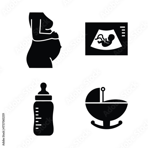 Illustrative icons depicting pregnancy, ultrasound, baby bottle, and a cradle, representing early parenthood.