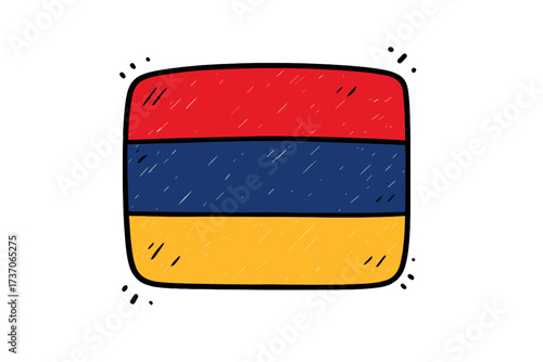 Armenian flag doodle icon. Hand drawn vector illustration of the national symbol of Armenia. Sketchy cartoon banner for travel and patriotic design concepts. Isolated graphic element.