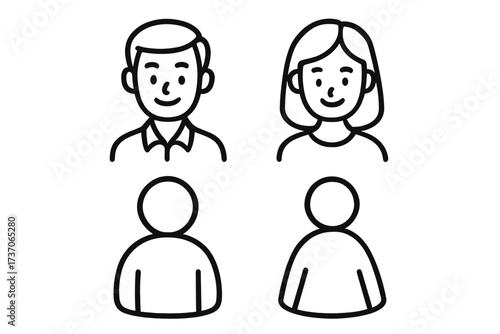 People icon set linear style vector. Man and woman user avatar profile symbol. Male and female head and shoulders bust for social media. Simple outline character illustration.
