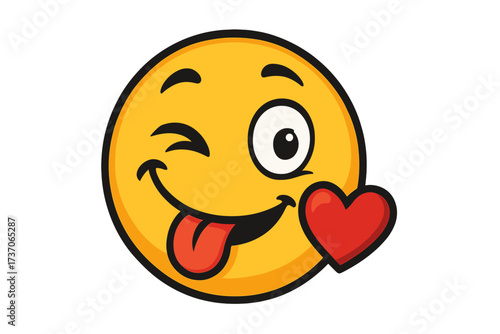 Flirting crazy emoticon sending a love heart kiss. Winking smiley face with tongue out. Vector emoji character icon for romance, passion, dating, and fun concepts.