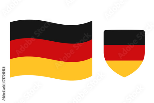 Germany flag vector icon set. Waving German national flag and shield emblem. Official country symbol of Germany. Graphic illustration isolated on white background. Patriotism.