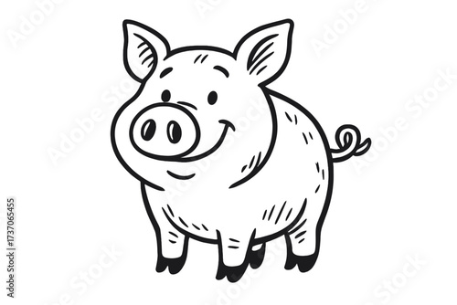 Cute pig cartoon character. Happy smiling farm animal mascot. Hand drawn vector illustration for logo or icon. Simple black and white doodle sketch of a piglet or piggy.