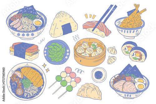 Japanese Food Vector Set with Individual Isolated Objects Including ramen, sushi, onigiri, tempura, dumplings, gyoza, and skewers. Perfect for restaurant menus, food packaging, posters, or culinary

