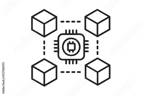 Blockchain technology icon. Decentralized network concept with blocks connected to a central processor. Distributed ledger, cryptocurrency, and smart contract vector illustration.