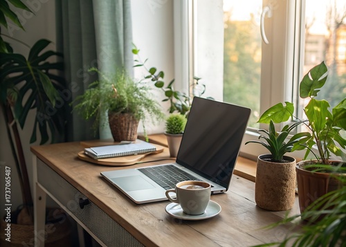 Cozy home office workspace with laptop and plants by the window