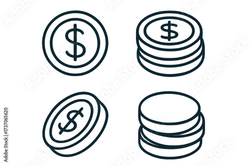 Money icon set. Dollar coin and stack of coins line art. Vector graphic for finance, business, and banking concepts. Cash symbol, currency, savings, and investment design.