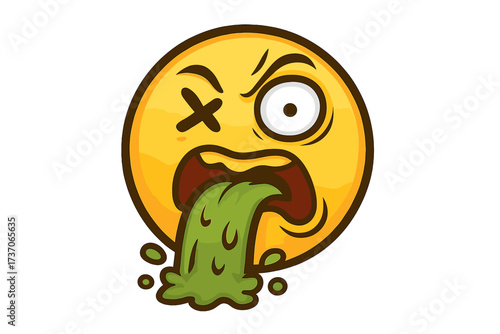 Vomiting emoji concept. Sick yellow face throwing up. Gross puke emoticon for disgust, nausea, food poisoning or hangover. Unwell dizzy crazy cartoon vector character.