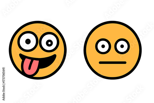 Crazy happy emoticon and neutral poker face emoji. Metaphor for bipolar disorder, mood swing, or split personality. Psychology and mental health concept vector illustration.