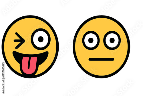 Crazy emoticon and poker face emoji set. Metaphor for bipolar disorder, mood swing. Split personality, dual emotion concept. Vector icons for psychology, mental health design.