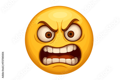 Furious angry emoji face with expression of rage and hate. Mad emoticon character icon shouting. Annoyed, frustrated, and aggressive smiley. Negative emotion vector illustration.