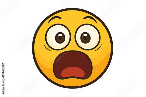 Crazy surprised emoji, shocked smiley face vector. Emoticon icon with wide eyes and open mouth. Wow, omg expression for chat. Astonished, scared, frightened cartoon character.