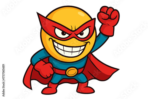 Crazy super hero emoticon with evil facial expression. Vector smiley illustration. Super villain character mascot with mad grin and power pose. Powerful comic cartoon.