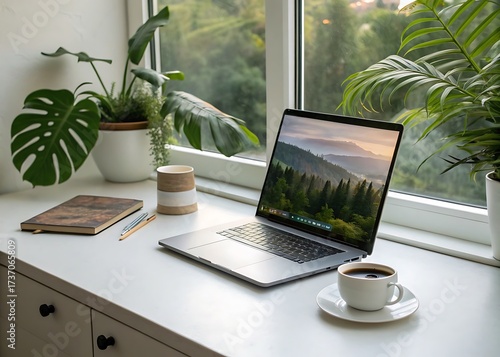 Laptop and coffee by a window with lush green plants
